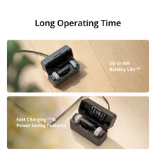 ಗ್ಯಾಲರಿ ವೀಕ್ಷಕಕ್ಕೆ ಚಿತ್ರವನ್ನು ಲೋಡ್ ಮಾಡಿ, Two views of the open DJI Mic Mini 2S charging case on a wooden floor, holding two transmitters and a receiver. The top is labeled “Up to 40h Battery Life” and the bottom “Fast Charging & Power Saving Features”.