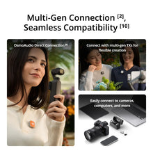 गैलरी व्यूवर में इमेज लोड करें, DJI Mic Mini 2 compatibility graphic with three scenes: a woman wearing an orange clip-on mic while holding a DJI Osmo Pocket, two women with mics beside a smartphone on a gimbal, and the mic kit laid out beside a camera, laptop, tablet and smartphone.