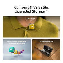 गैलरी व्यूवर में इमेज लोड करें, DJI Mic Mini 2 design graphic with three scenes: a yellow 11 g transmitter clipped to an olive polo collar, a row of colorful magnetic front covers, and the new compact charging case on a wooden surface.