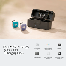 ಗ್ಯಾಲರಿ ವೀಕ್ಷಕಕ್ಕೆ ಚಿತ್ರವನ್ನು ಲೋಡ್ ಮಾಡಿ, DJI Mic Mini 2S kit with 2 transmitters in teal and purple covers, receiver and charging case on a sandy surface.

