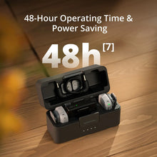 गैलरी व्यूवर में इमेज लोड करें, DJI Mic Mini 2 charging case open on a wooden table with two transmitters and a receiver, labeled 48-hour operating time.
