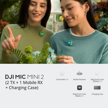 गैलरी व्यूवर में इमेज लोड करें, DJI Mic Mini 2 kit with 2 transmitters, mobile receiver and charging case, shown with two women wearing the clip-on mics.
