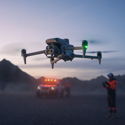 A DJI Matrice 4T Series Drone Flying Forward At A Slight Upward Angle,With Its Camera Facing Forward